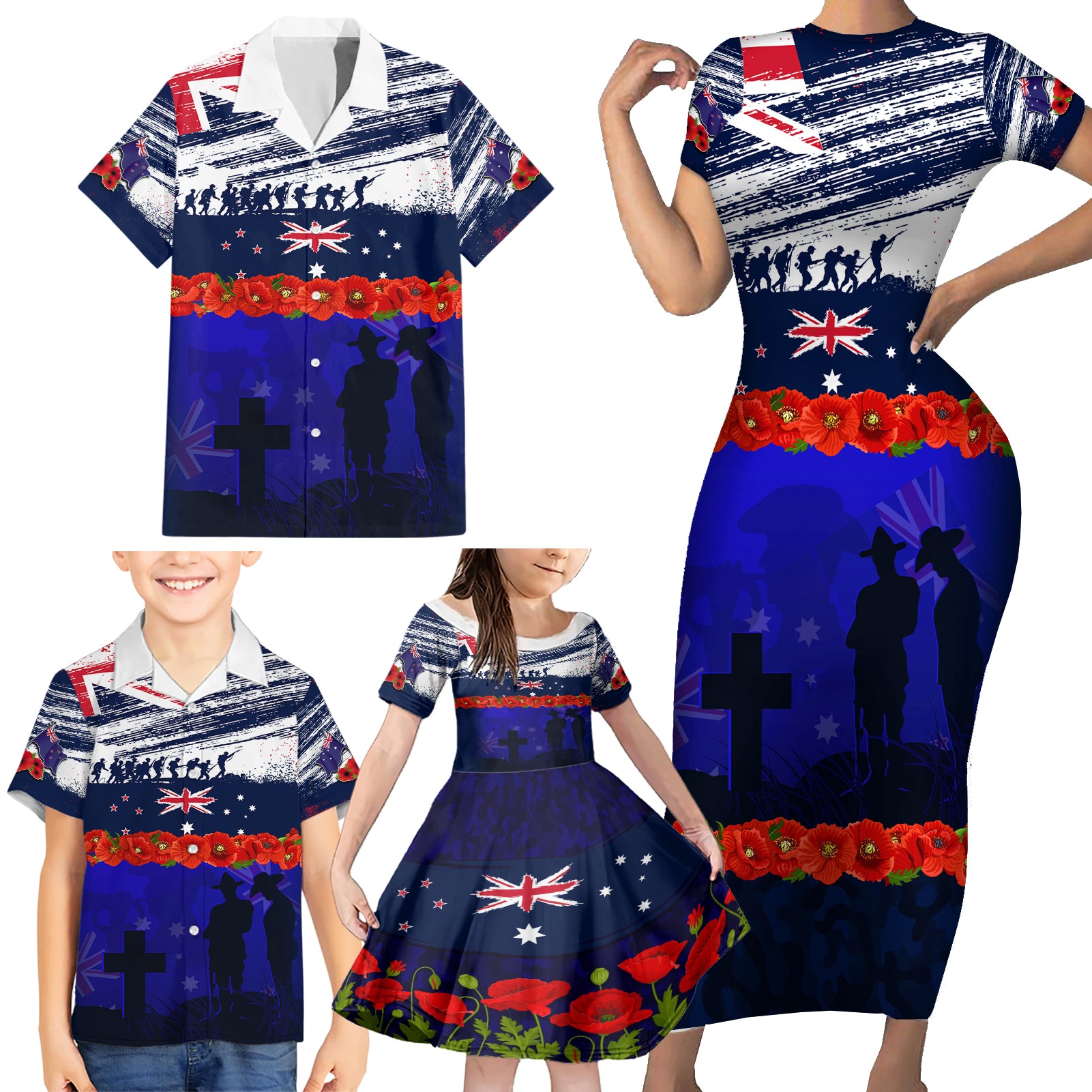New Zealand and Australia ANZAC Day Family Matching Short Sleeve Bodycon Dress and Hawaiian Shirt Lest We Forget Red Poppy Flowers and Soldier