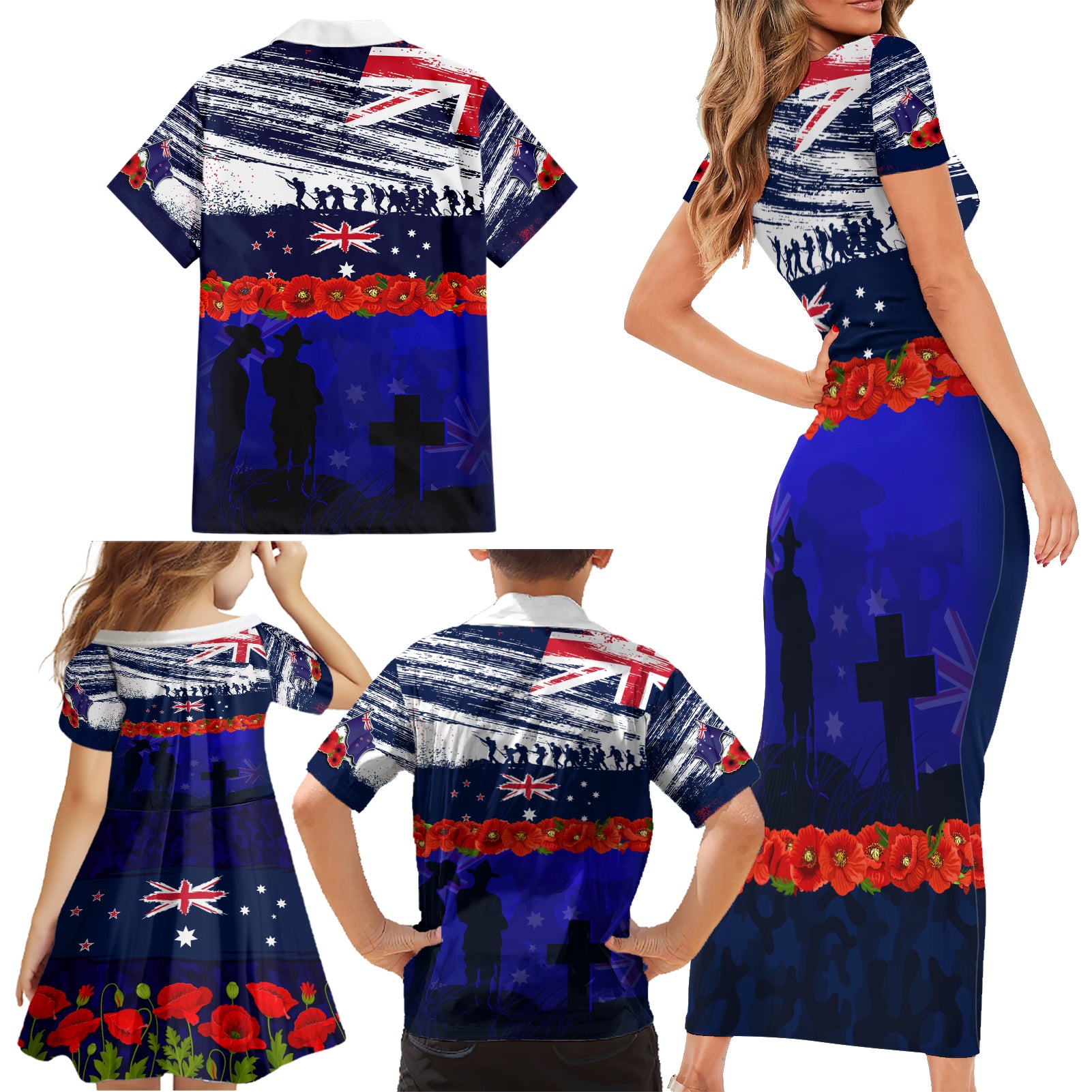 New Zealand and Australia ANZAC Day Family Matching Short Sleeve Bodycon Dress and Hawaiian Shirt Lest We Forget Red Poppy Flowers and Soldier