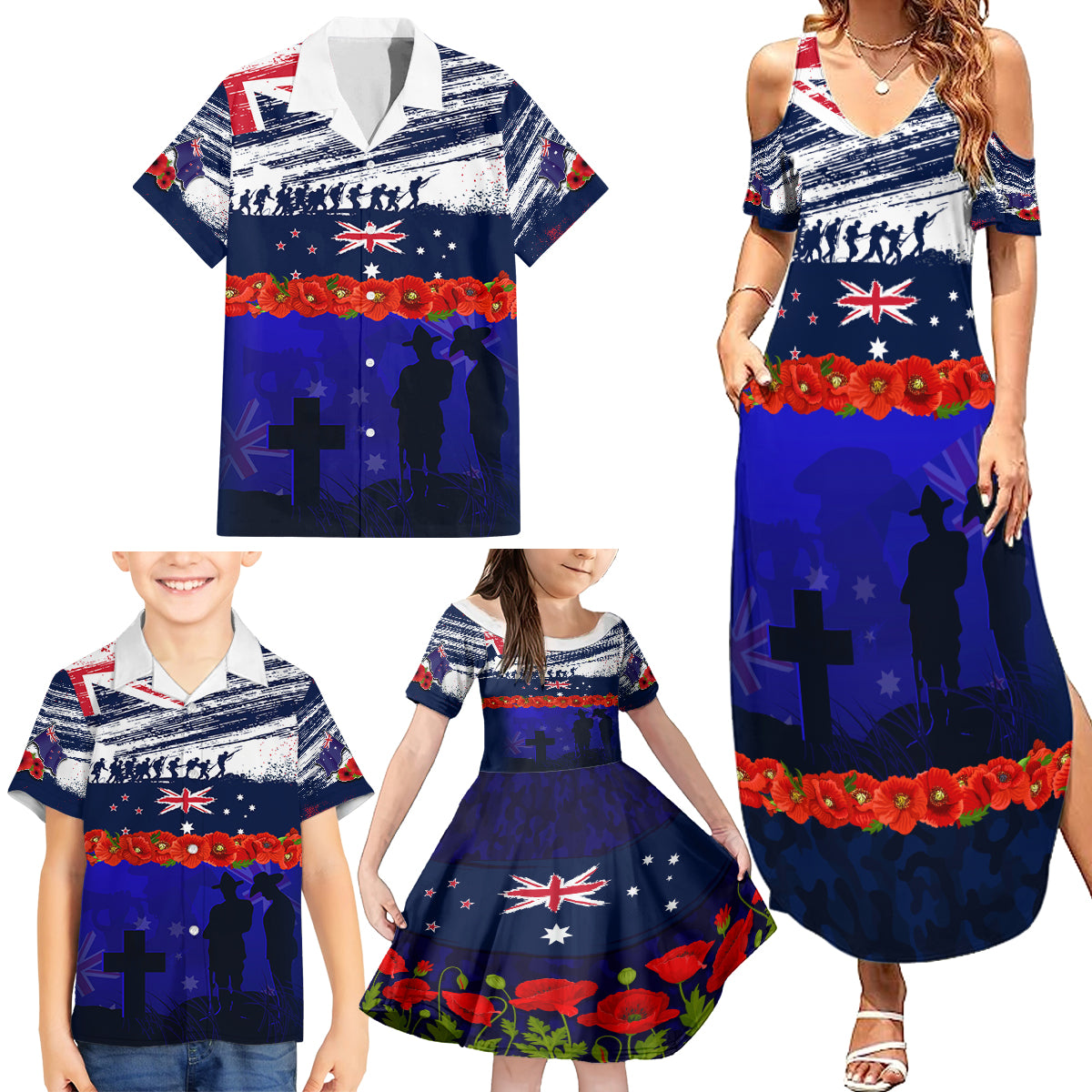 New Zealand and Australia ANZAC Day Family Matching Summer Maxi Dress and Hawaiian Shirt Lest We Forget Red Poppy Flowers and Soldier