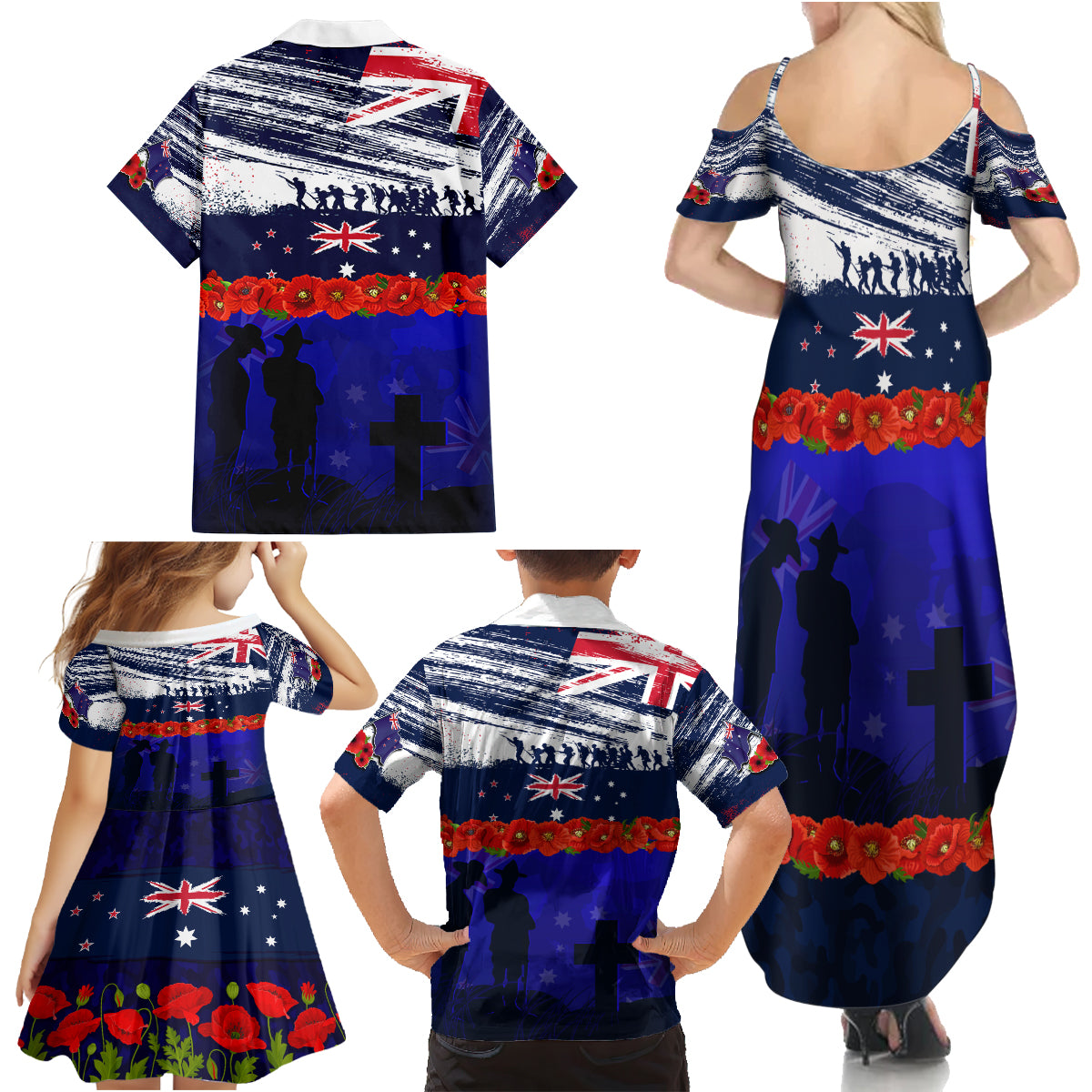 New Zealand and Australia ANZAC Day Family Matching Summer Maxi Dress and Hawaiian Shirt Lest We Forget Red Poppy Flowers and Soldier