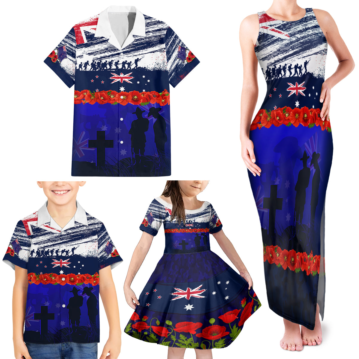 New Zealand and Australia ANZAC Day Family Matching Tank Maxi Dress and Hawaiian Shirt Lest We Forget Red Poppy Flowers and Soldier