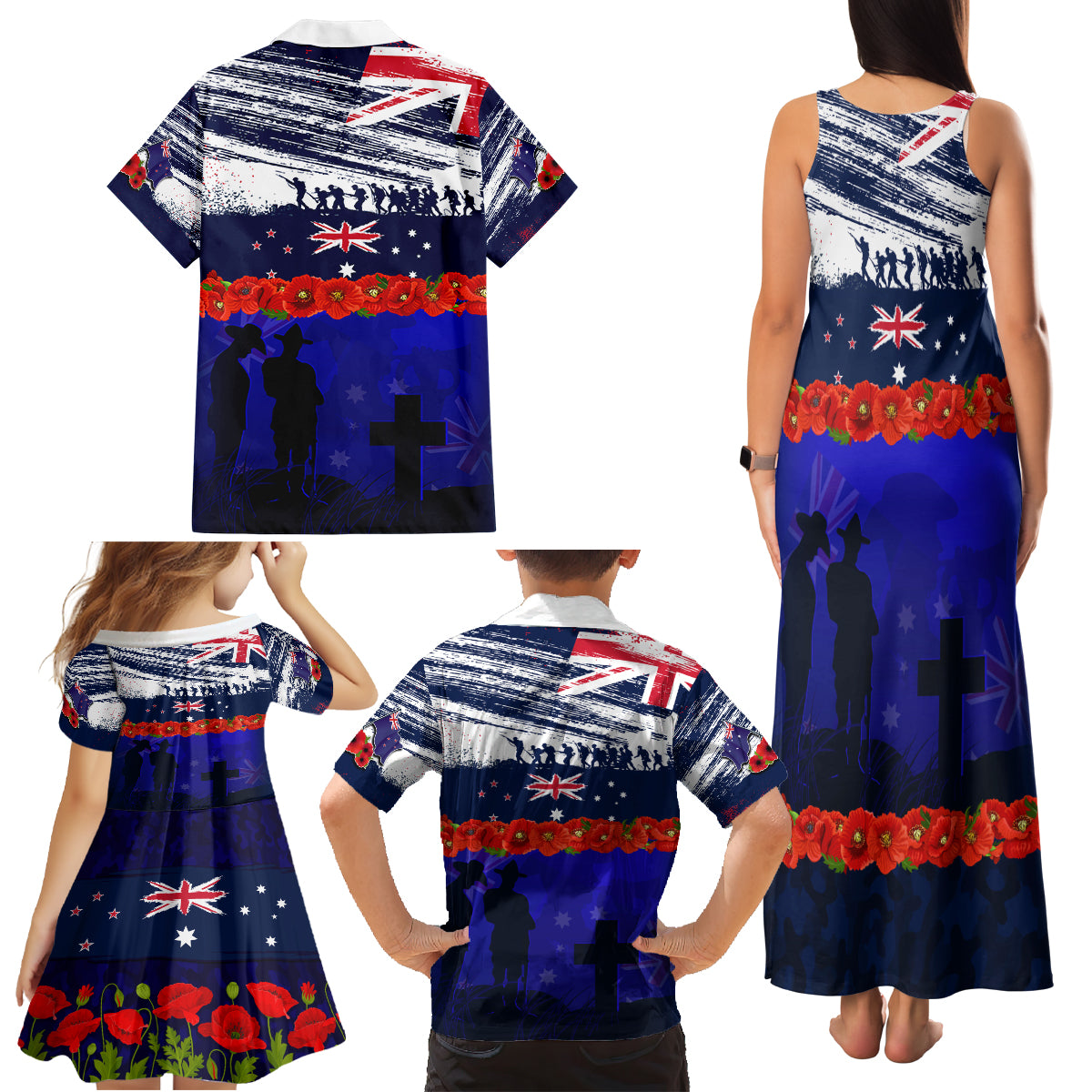 New Zealand and Australia ANZAC Day Family Matching Tank Maxi Dress and Hawaiian Shirt Lest We Forget Red Poppy Flowers and Soldier