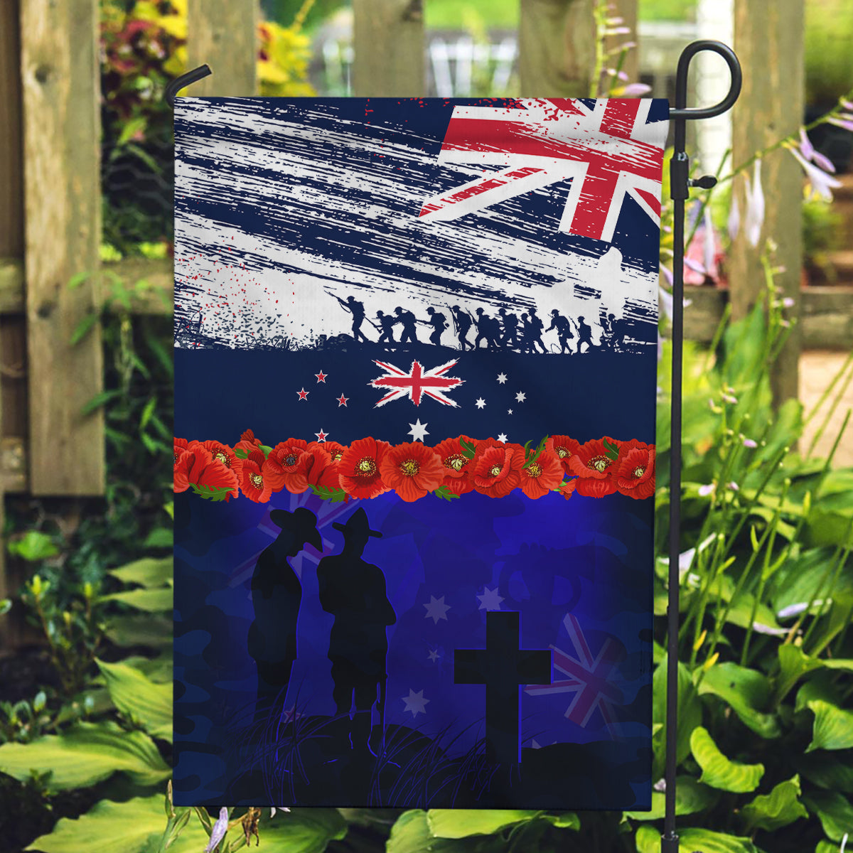 New Zealand and Australia ANZAC Day Garden Flag Lest We Forget Red Poppy Flowers and Soldier - Vibe Hoodie Shop