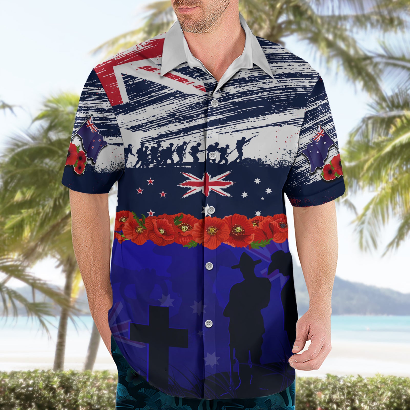 New Zealand and Australia ANZAC Day Hawaiian Shirt Lest We Forget Red Poppy Flowers and Soldier - Vibe Hoodie Shop