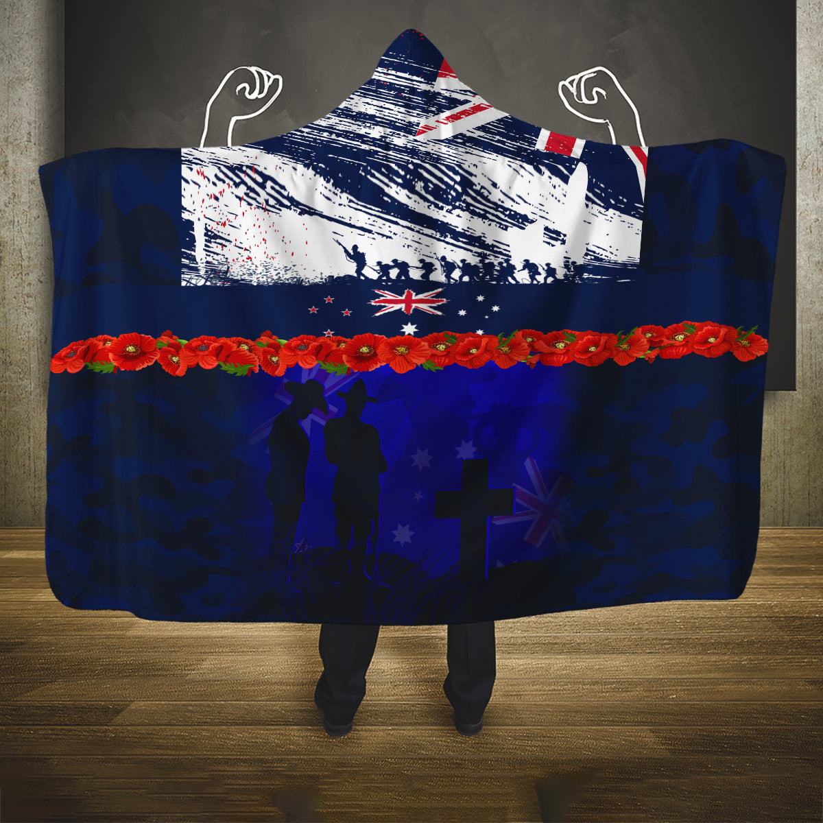 New Zealand and Australia ANZAC Day Hooded Blanket Lest We Forget Red Poppy Flowers and Soldier
