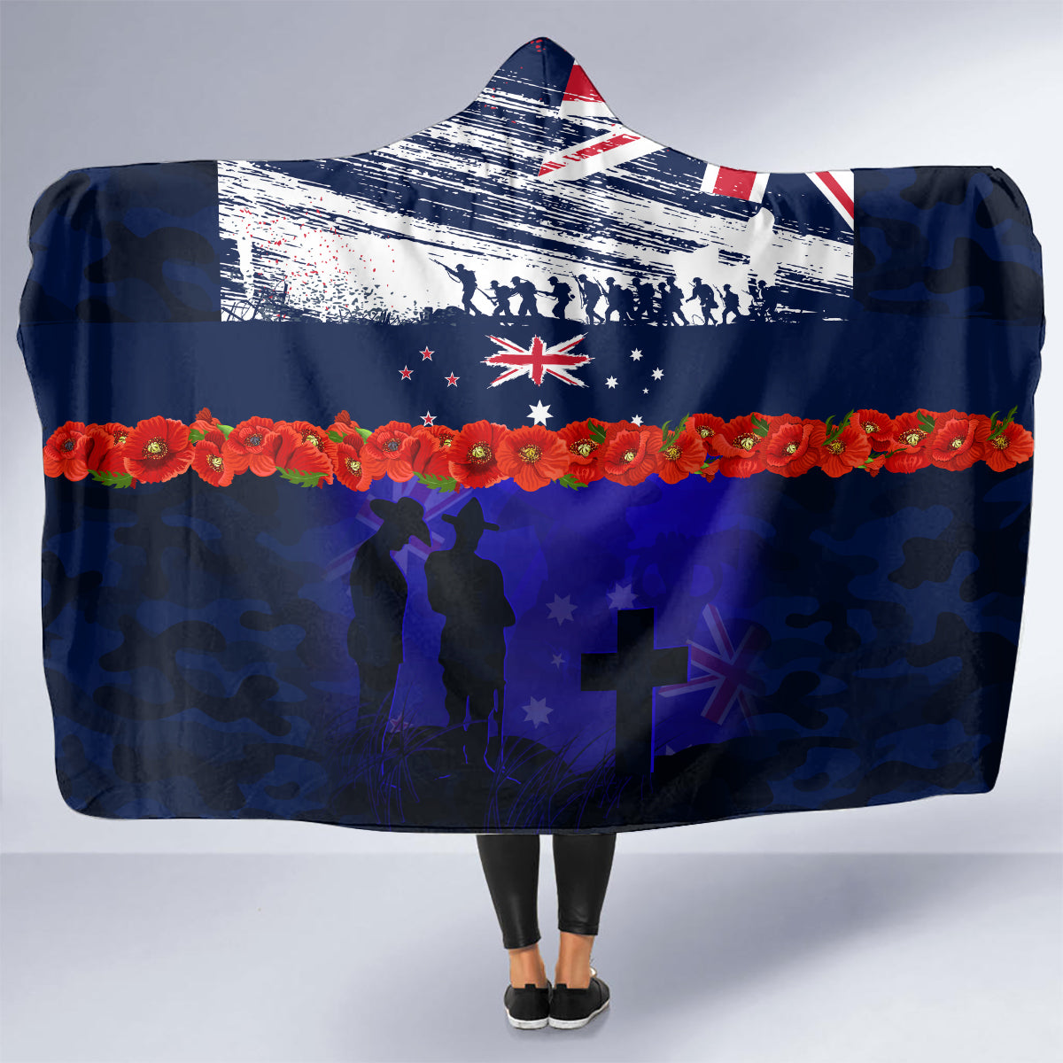 New Zealand and Australia ANZAC Day Hooded Blanket Lest We Forget Red Poppy Flowers and Soldier