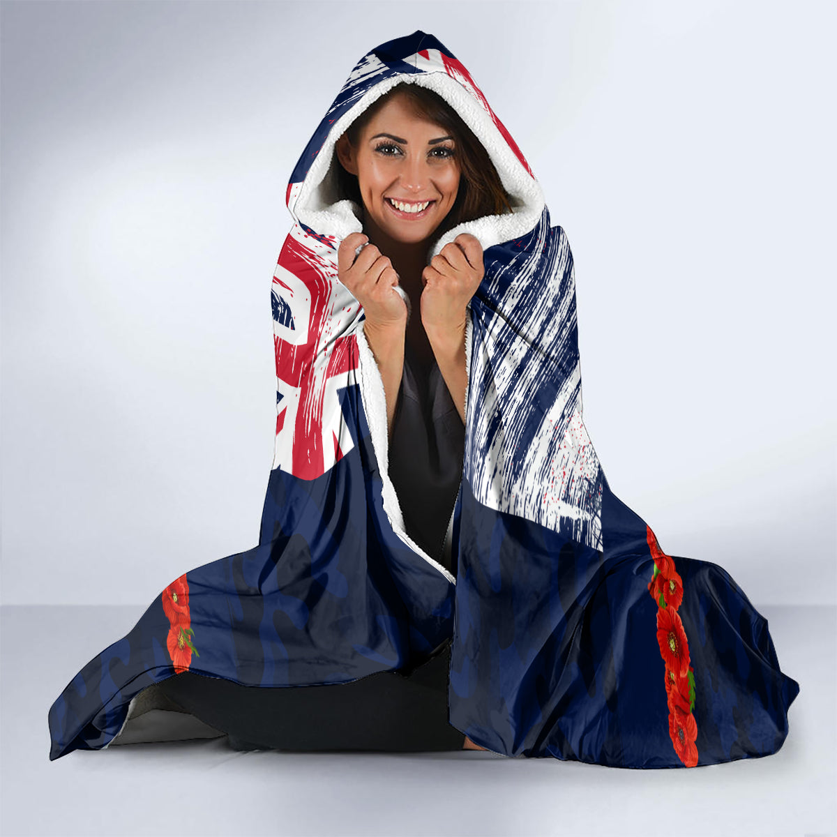 New Zealand and Australia ANZAC Day Hooded Blanket Lest We Forget Red Poppy Flowers and Soldier