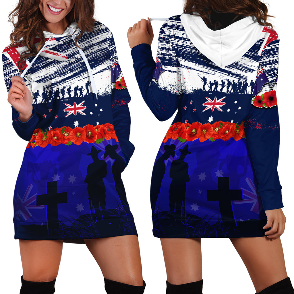 New Zealand and Australia ANZAC Day Hoodie Dress Lest We Forget Red Poppy Flowers and Soldier - Vibe Hoodie Shop