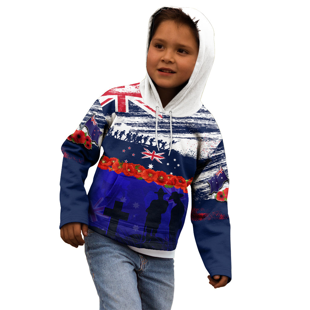 New Zealand and Australia ANZAC Day Kid Hoodie Lest We Forget Red Poppy Flowers and Soldier - Vibe Hoodie Shop
