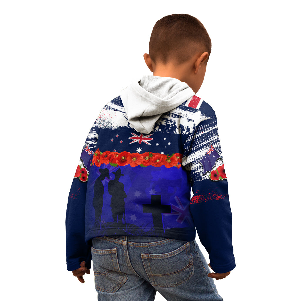 New Zealand and Australia ANZAC Day Kid Hoodie Lest We Forget Red Poppy Flowers and Soldier - Vibe Hoodie Shop