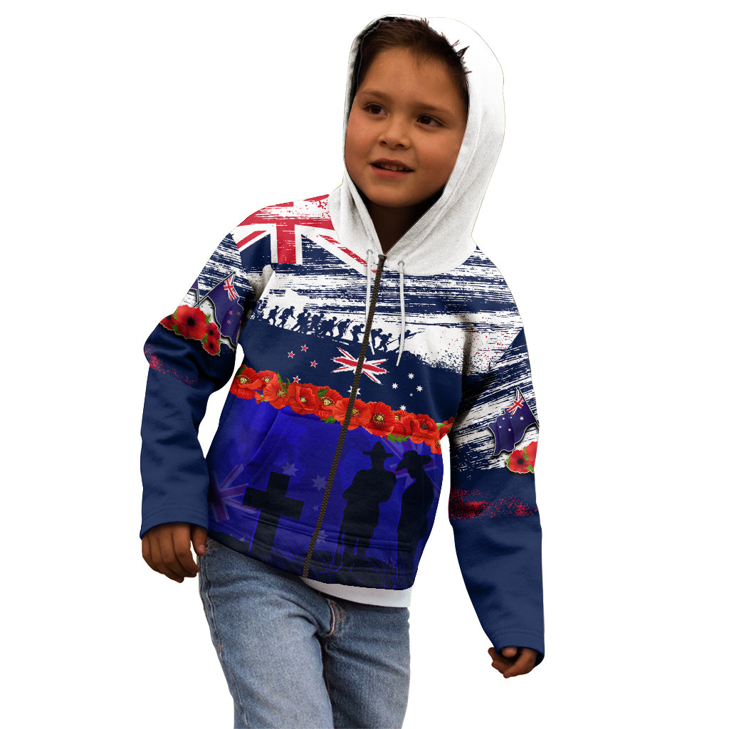 New Zealand and Australia ANZAC Day Kid Hoodie Lest We Forget Red Poppy Flowers and Soldier - Vibe Hoodie Shop