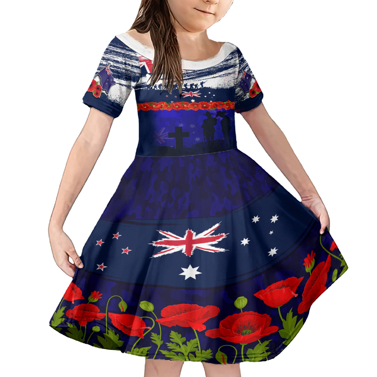 New Zealand and Australia ANZAC Day Kid Short Sleeve Dress Lest We Forget Red Poppy Flowers and Soldier - Vibe Hoodie Shop