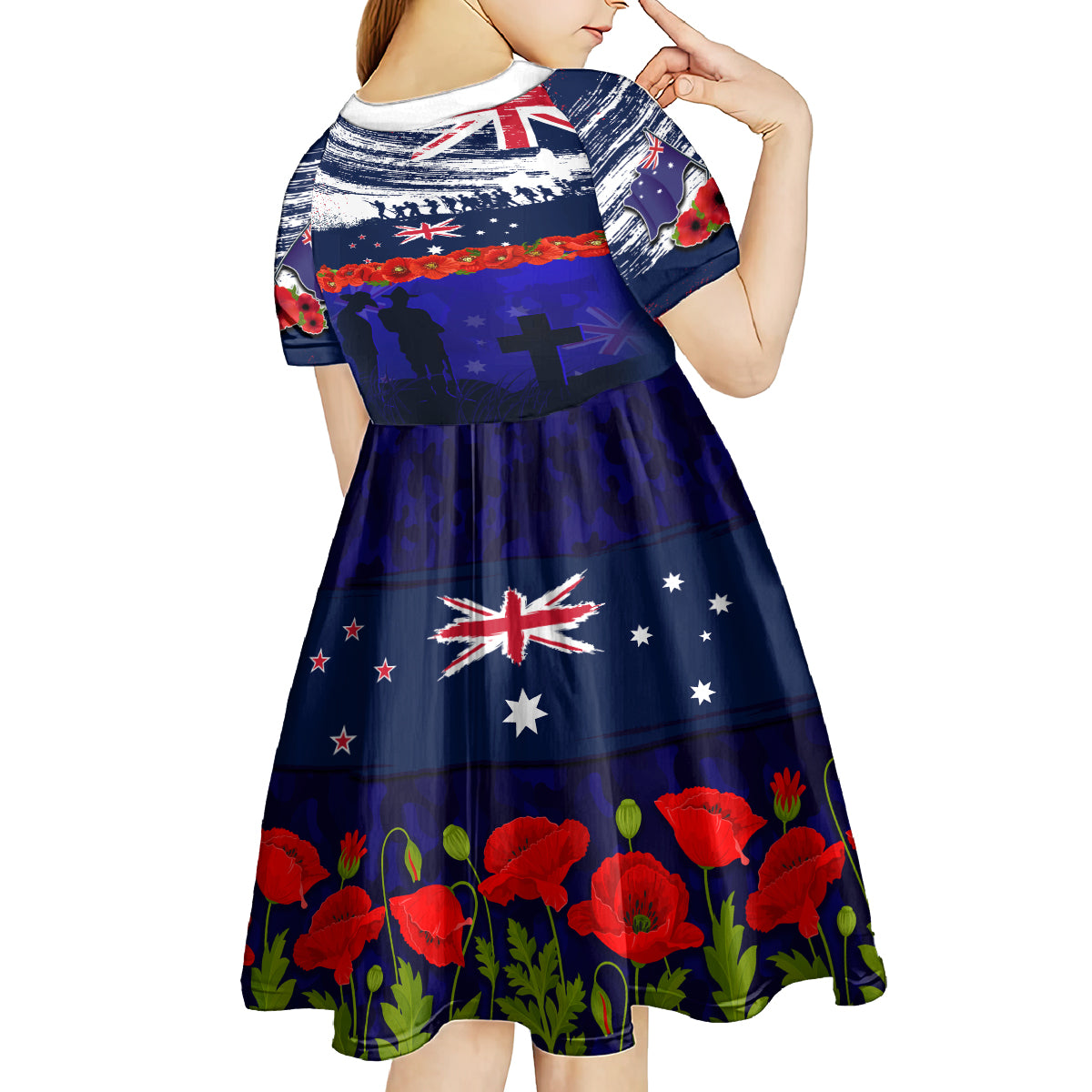New Zealand and Australia ANZAC Day Kid Short Sleeve Dress Lest We Forget Red Poppy Flowers and Soldier - Vibe Hoodie Shop