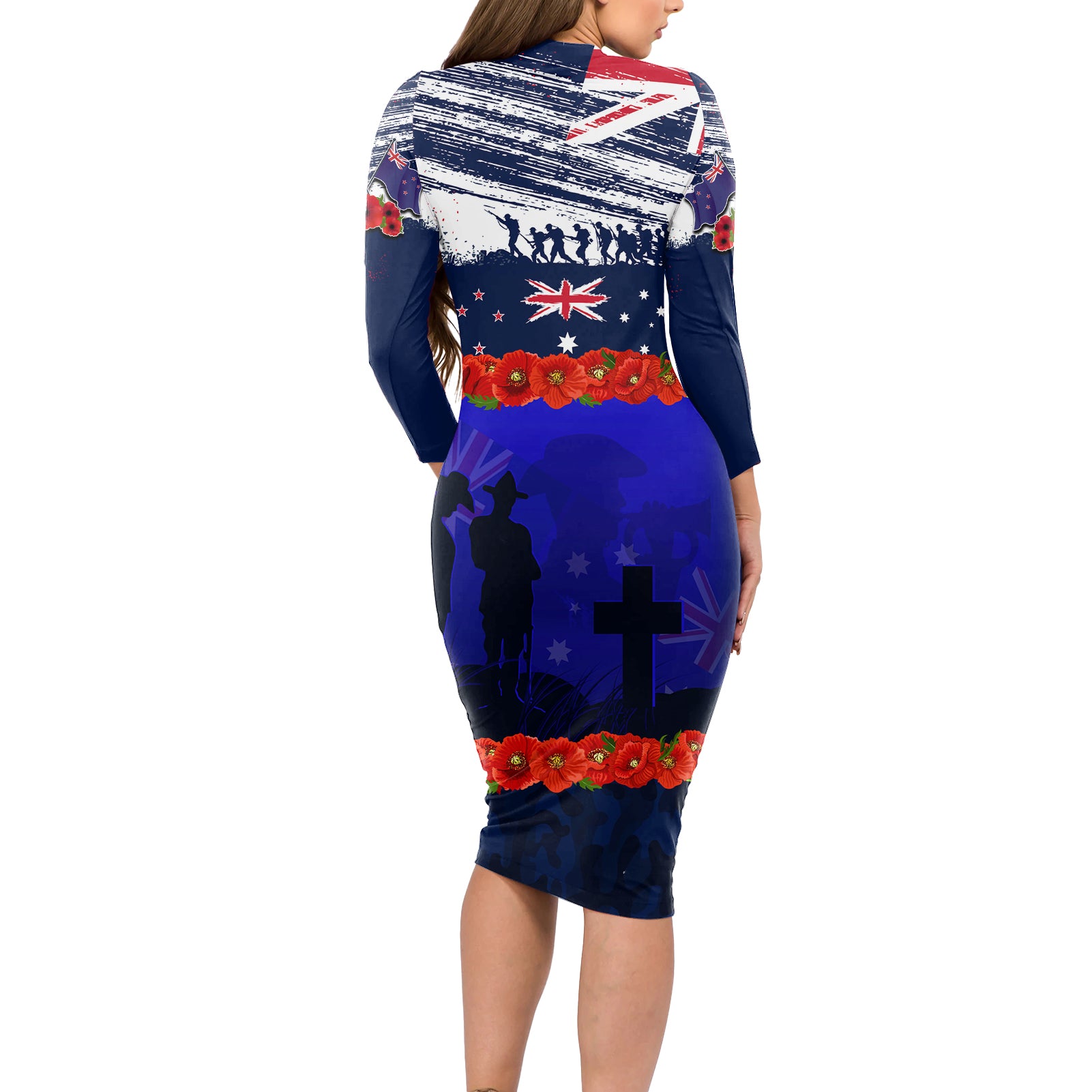 New Zealand and Australia ANZAC Day Long Sleeve Bodycon Dress Lest We Forget Red Poppy Flowers and Soldier
