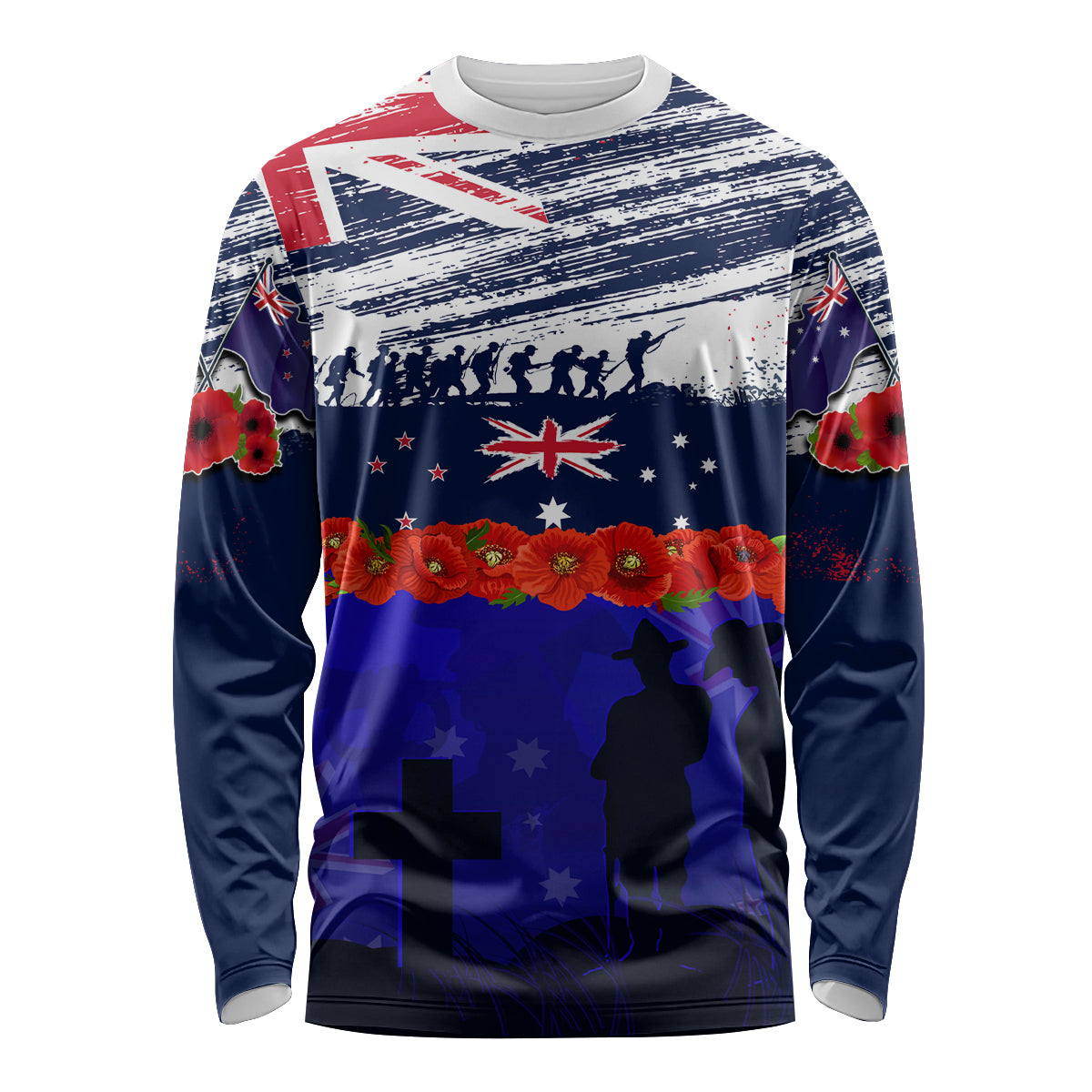 New Zealand and Australia ANZAC Day Long Sleeve Shirt Lest We Forget Red Poppy Flowers and Soldier - Vibe Hoodie Shop