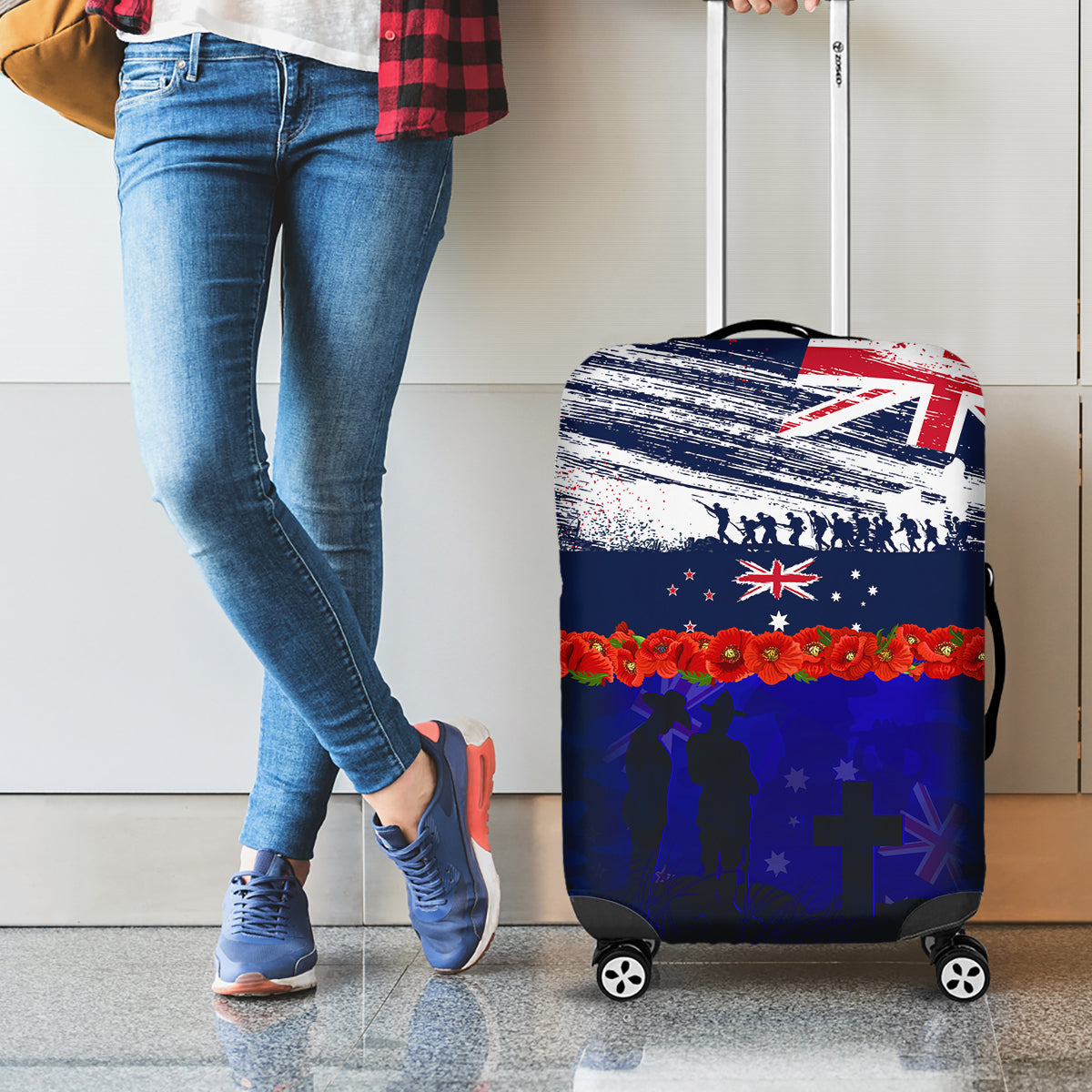 New Zealand and Australia ANZAC Day Luggage Cover Lest We Forget Red Poppy Flowers and Soldier - Vibe Hoodie Shop