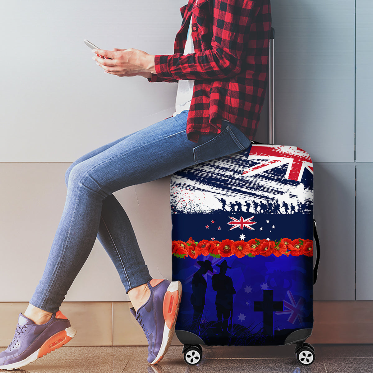 New Zealand and Australia ANZAC Day Luggage Cover Lest We Forget Red Poppy Flowers and Soldier - Vibe Hoodie Shop
