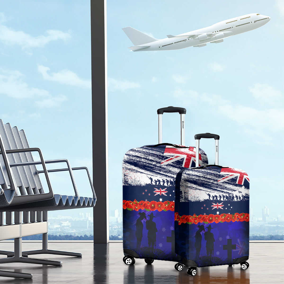 New Zealand and Australia ANZAC Day Luggage Cover Lest We Forget Red Poppy Flowers and Soldier - Vibe Hoodie Shop