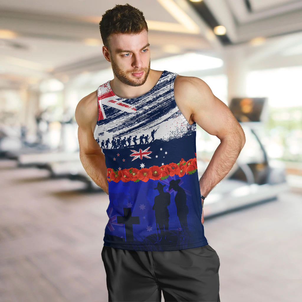 New Zealand and Australia ANZAC Day Men Tank Top Lest We Forget Red Poppy Flowers and Soldier - Vibe Hoodie Shop