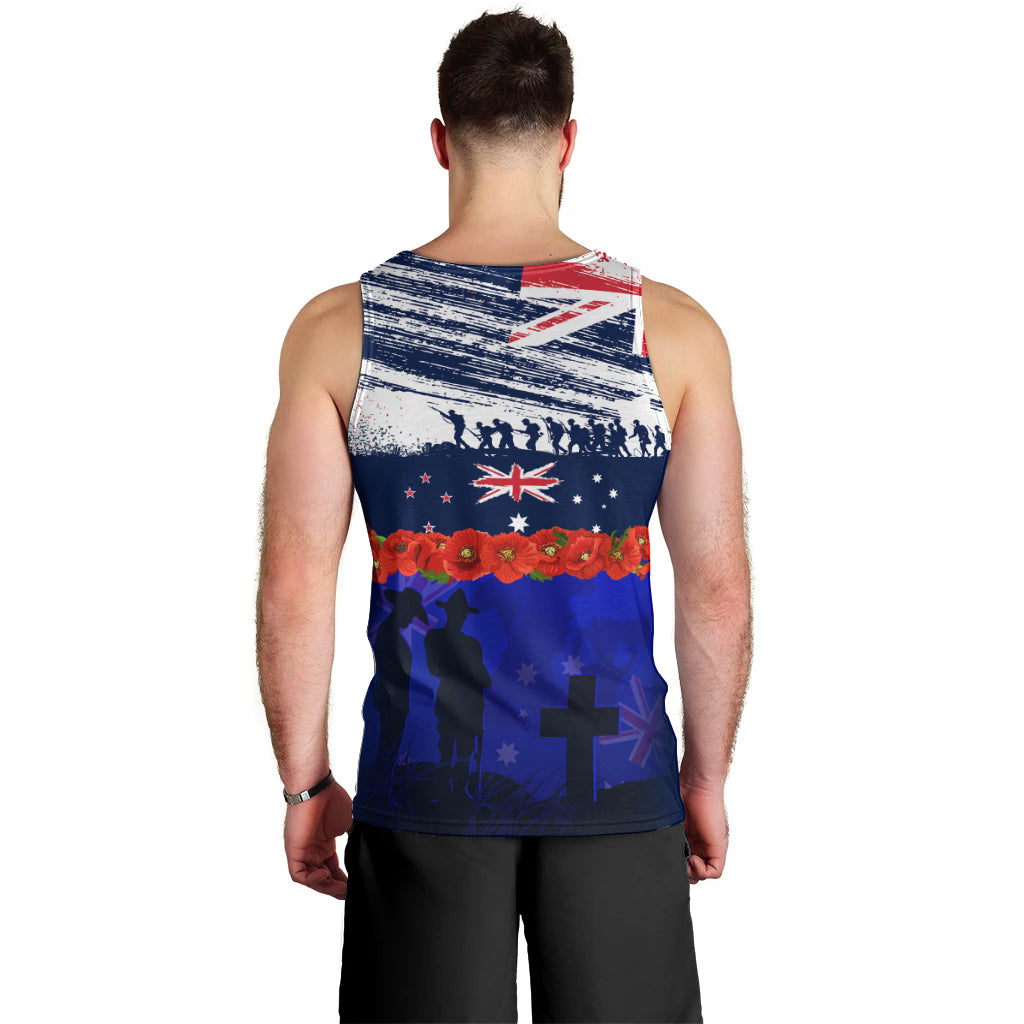 New Zealand and Australia ANZAC Day Men Tank Top Lest We Forget Red Poppy Flowers and Soldier - Vibe Hoodie Shop