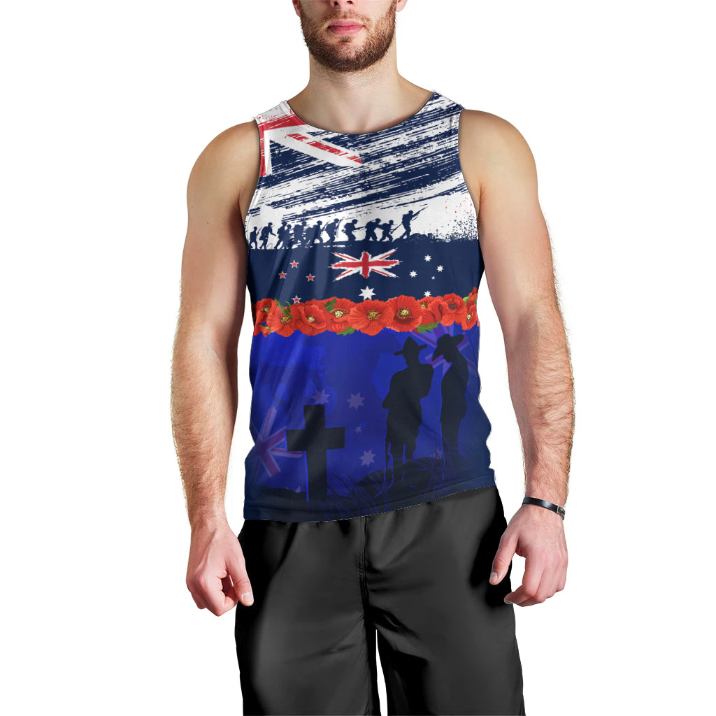 New Zealand and Australia ANZAC Day Men Tank Top Lest We Forget Red Poppy Flowers and Soldier - Vibe Hoodie Shop
