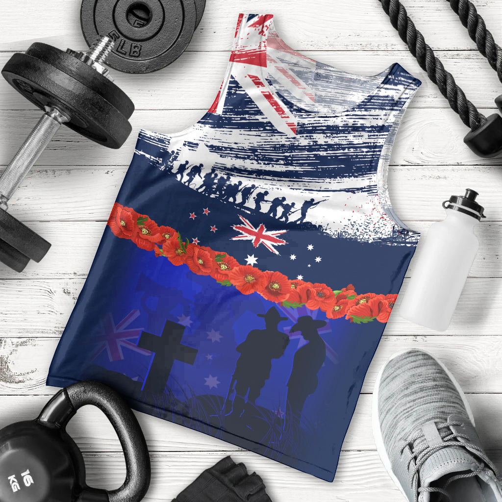 New Zealand and Australia ANZAC Day Men Tank Top Lest We Forget Red Poppy Flowers and Soldier - Vibe Hoodie Shop