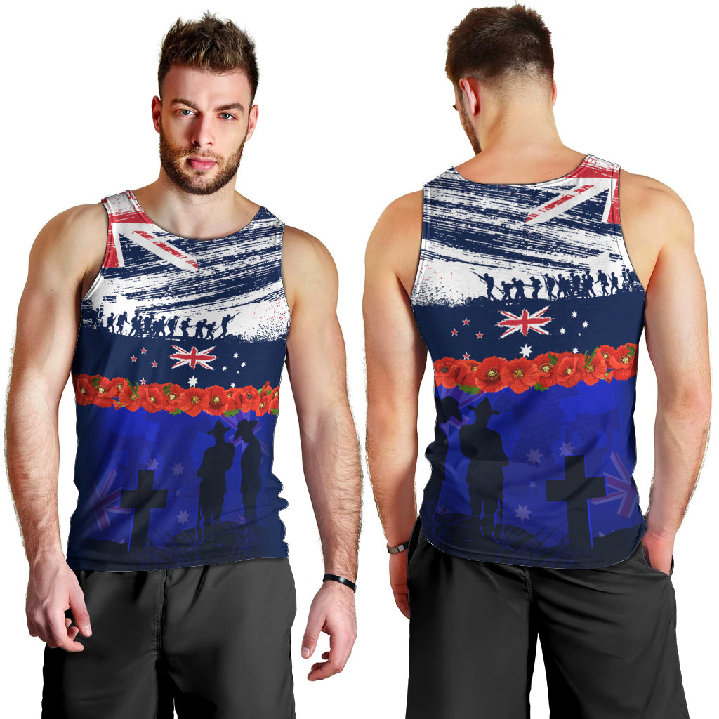 New Zealand and Australia ANZAC Day Men Tank Top Lest We Forget Red Poppy Flowers and Soldier - Vibe Hoodie Shop