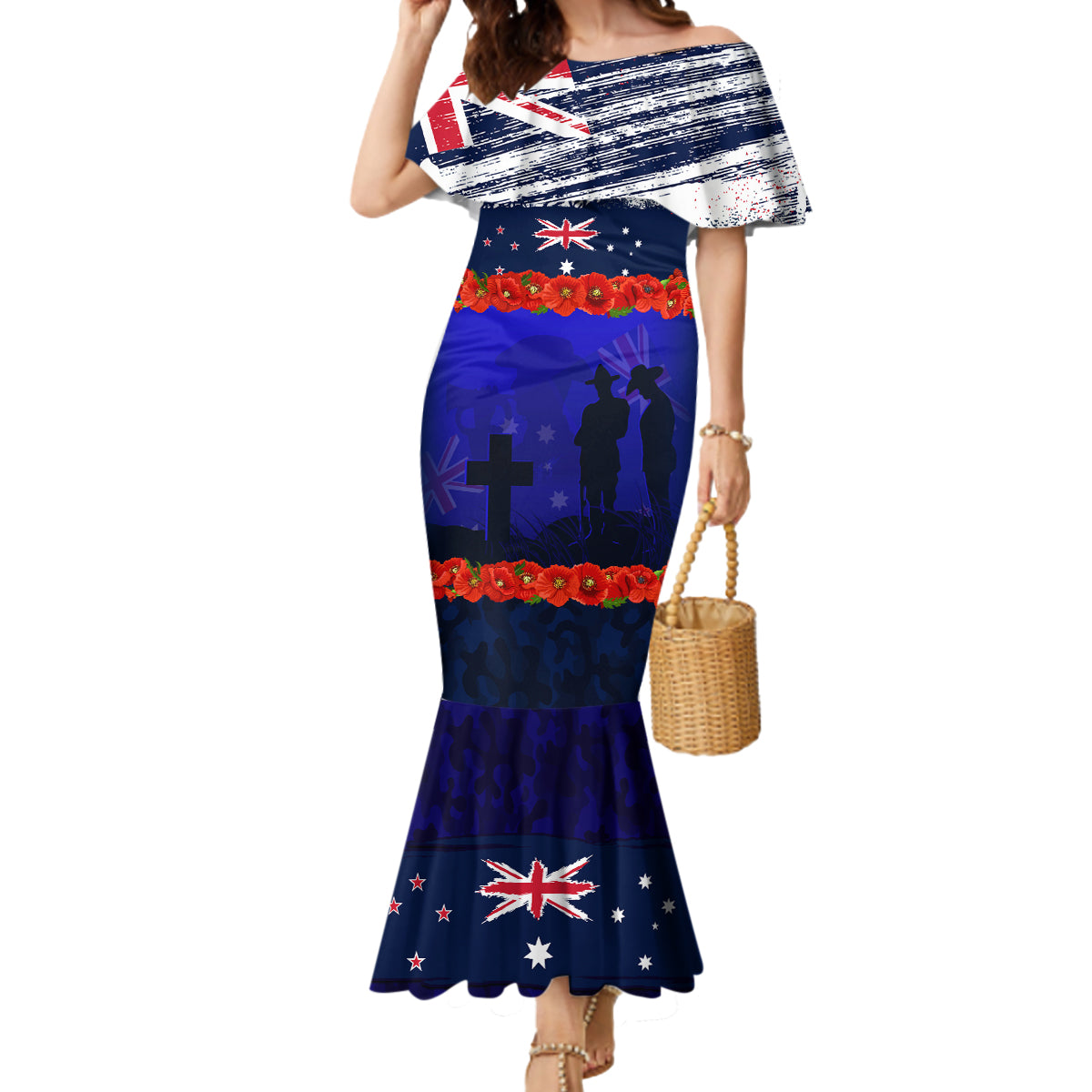 New Zealand and Australia ANZAC Day Mermaid Dress Lest We Forget Red Poppy Flowers and Soldier