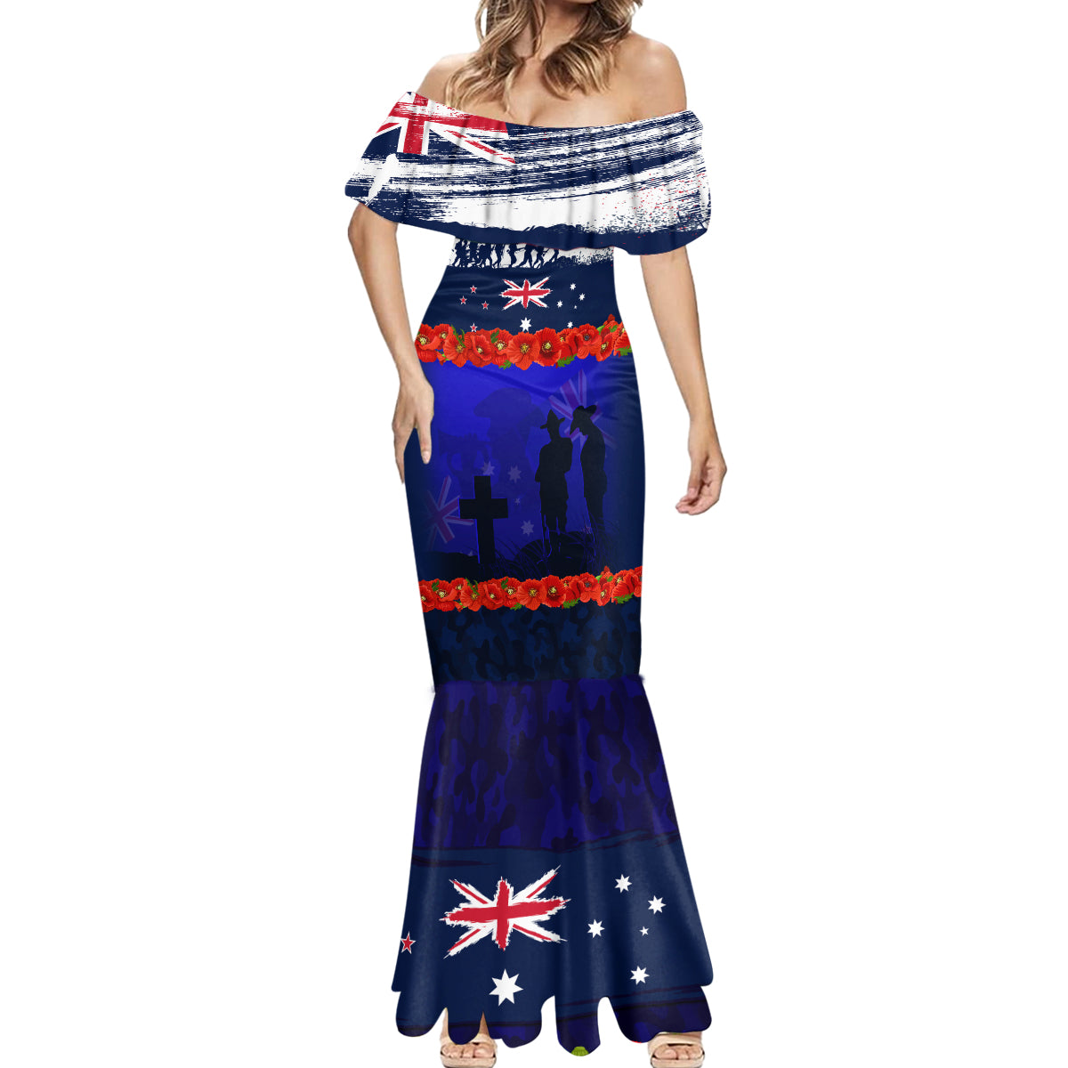 New Zealand and Australia ANZAC Day Mermaid Dress Lest We Forget Red Poppy Flowers and Soldier