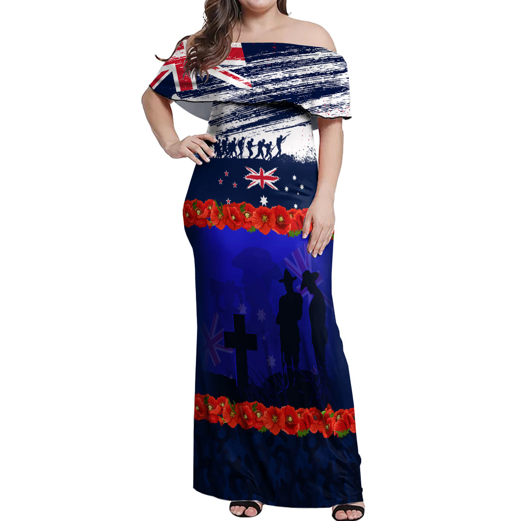 New Zealand and Australia ANZAC Day Off Shoulder Maxi Dress Lest We Forget Red Poppy Flowers and Soldier