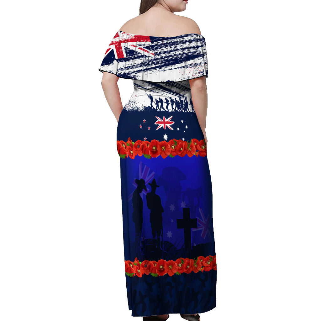 New Zealand and Australia ANZAC Day Off Shoulder Maxi Dress Lest We Forget Red Poppy Flowers and Soldier