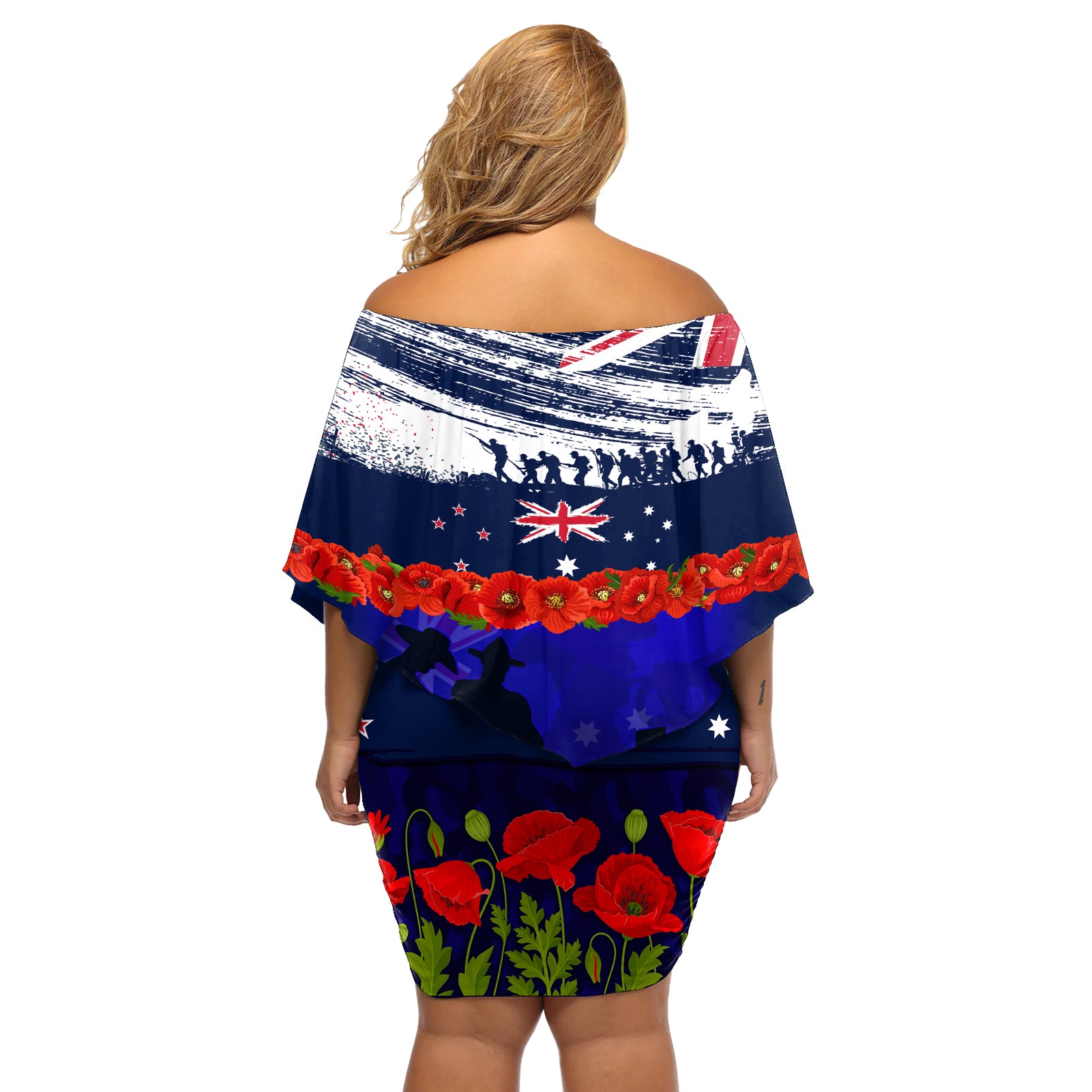 New Zealand and Australia ANZAC Day Off Shoulder Short Dress Lest We Forget Red Poppy Flowers and Soldier