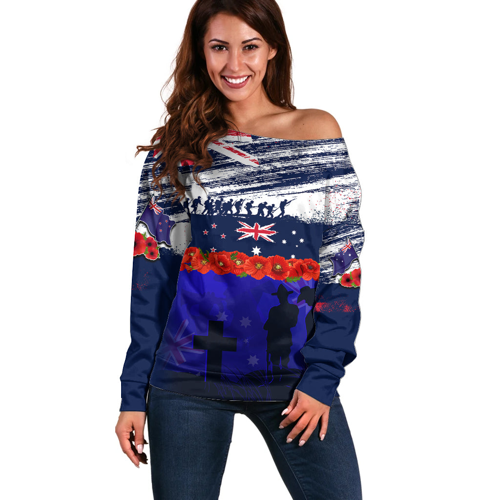 New Zealand and Australia ANZAC Day Off Shoulder Sweater Lest We Forget Red Poppy Flowers and Soldier - Vibe Hoodie Shop
