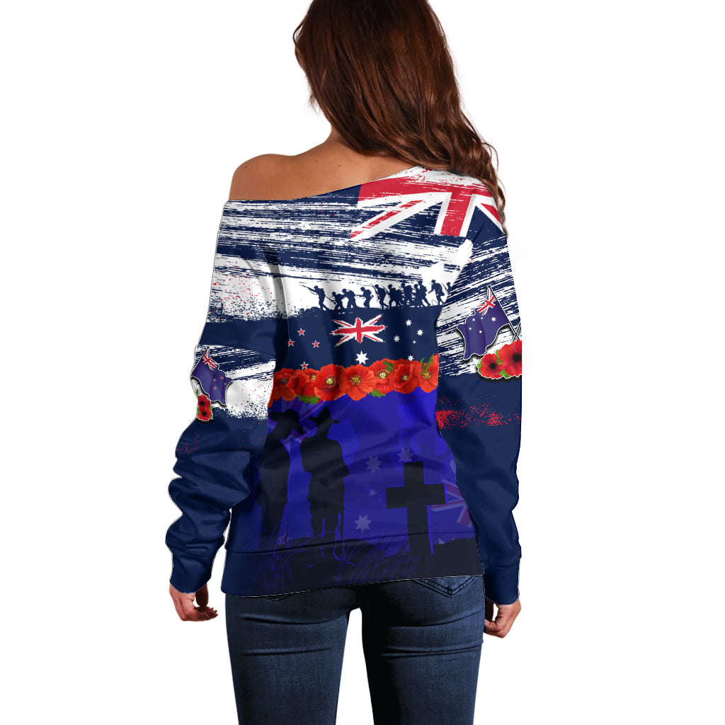 New Zealand and Australia ANZAC Day Off Shoulder Sweater Lest We Forget Red Poppy Flowers and Soldier - Vibe Hoodie Shop