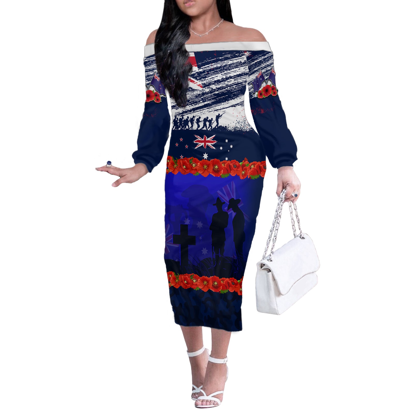 New Zealand and Australia ANZAC Day Off The Shoulder Long Sleeve Dress Lest We Forget Red Poppy Flowers and Soldier