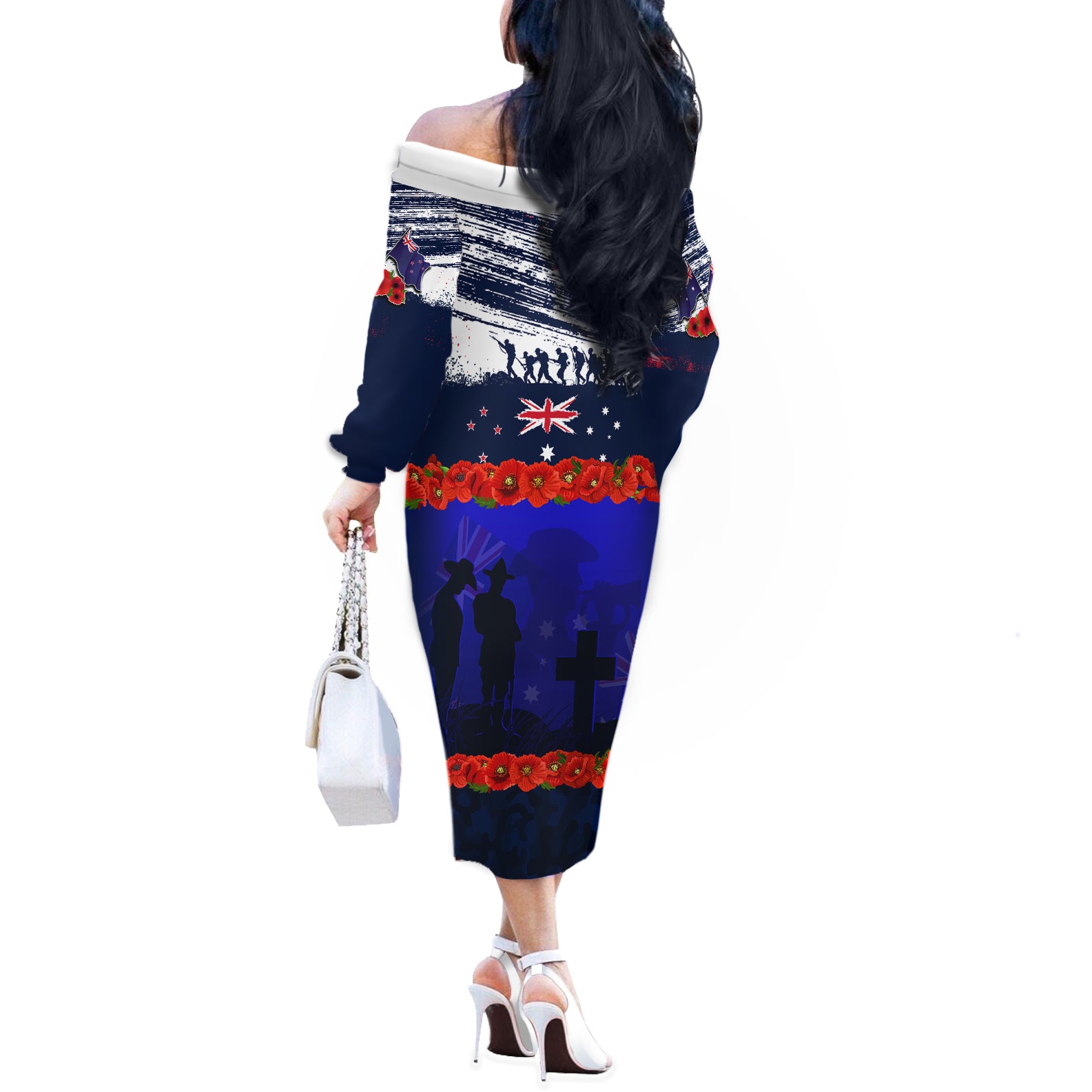 New Zealand and Australia ANZAC Day Off The Shoulder Long Sleeve Dress Lest We Forget Red Poppy Flowers and Soldier