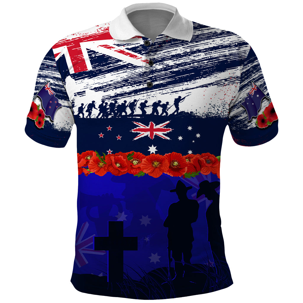 New Zealand and Australia ANZAC Day Polo Shirt Lest We Forget Red Poppy Flowers and Soldier - Vibe Hoodie Shop