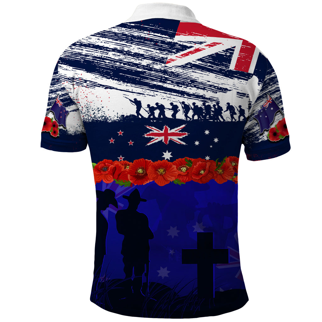 New Zealand and Australia ANZAC Day Polo Shirt Lest We Forget Red Poppy Flowers and Soldier - Vibe Hoodie Shop