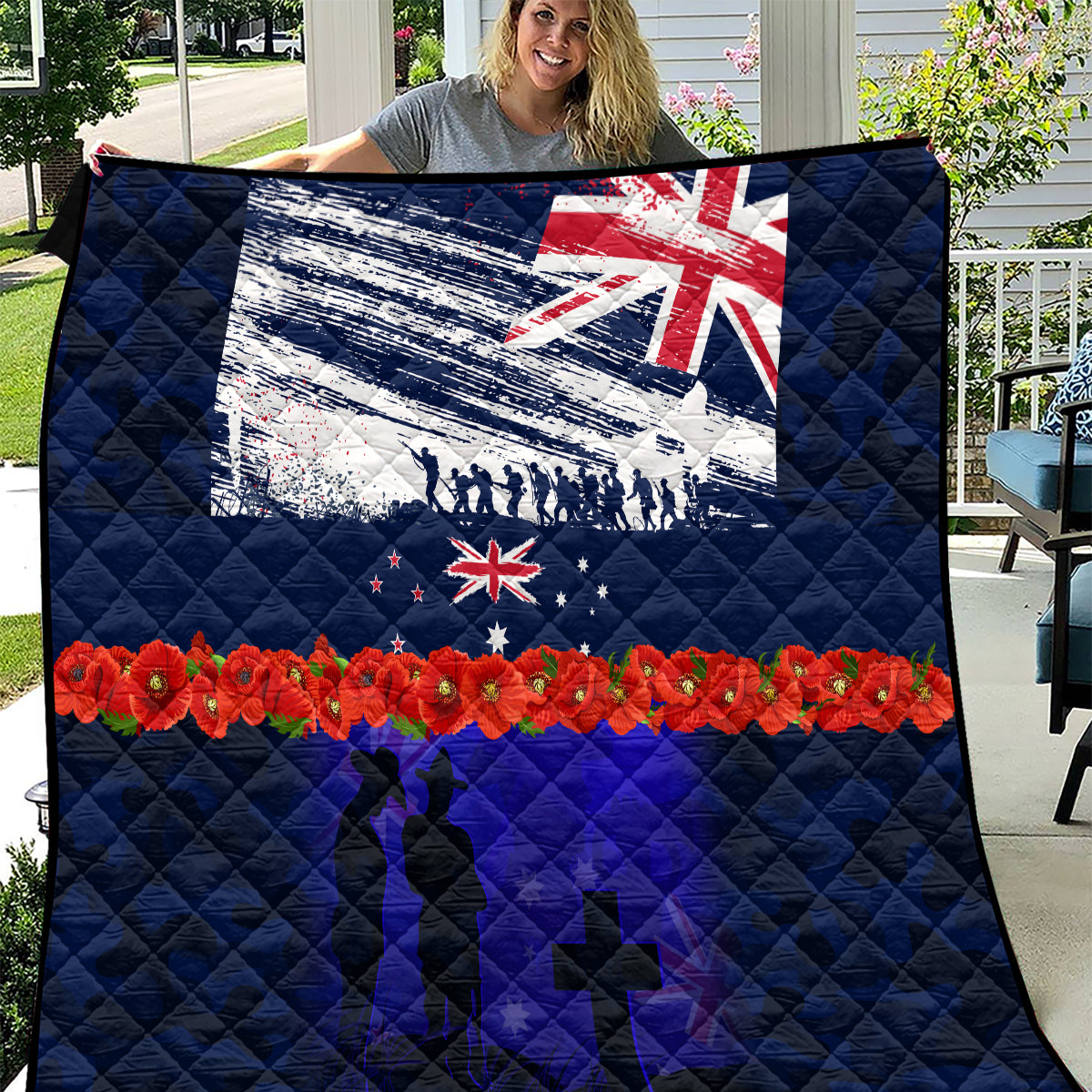 New Zealand and Australia ANZAC Day Quilt Lest We Forget Red Poppy Flowers and Soldier - Vibe Hoodie Shop