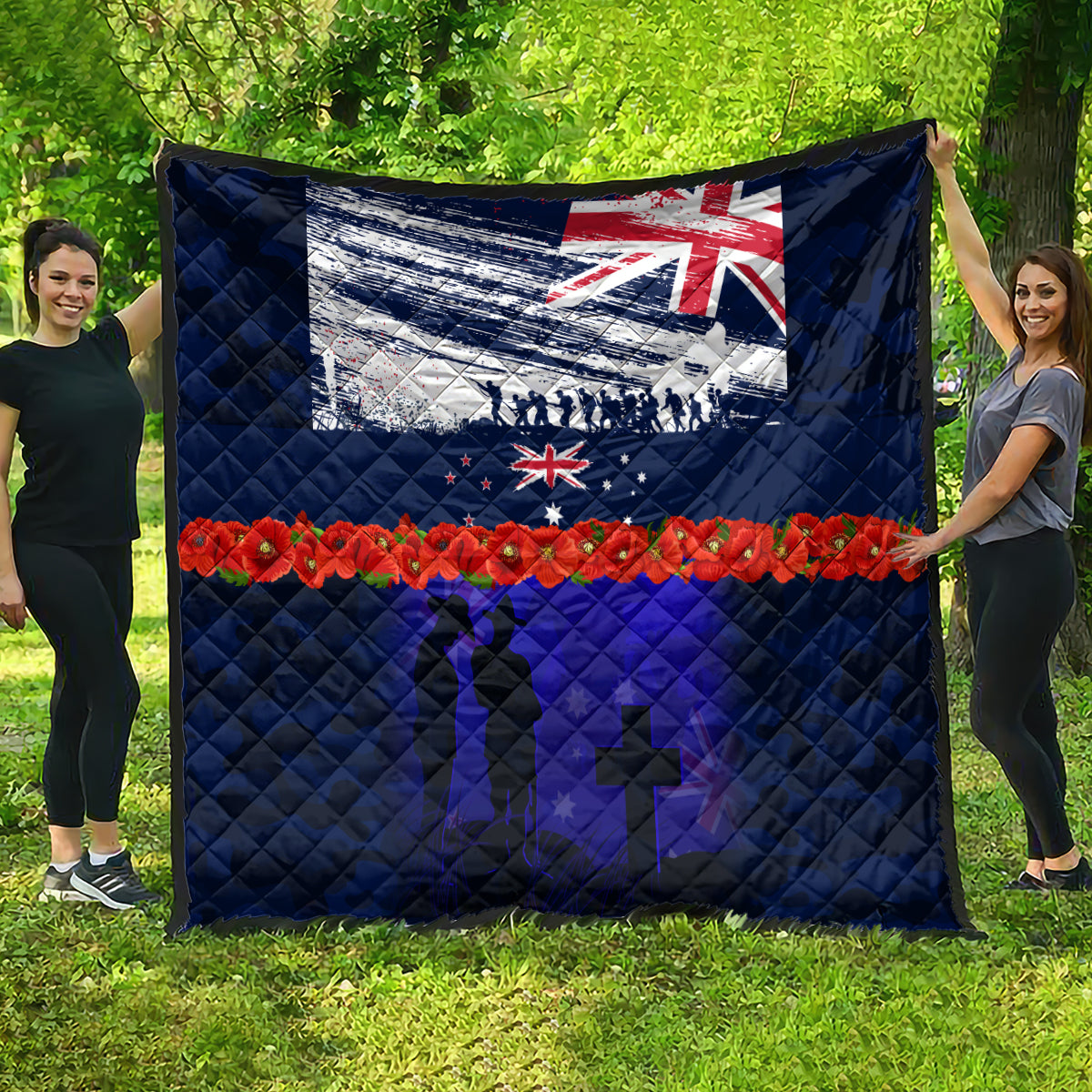 New Zealand and Australia ANZAC Day Quilt Lest We Forget Red Poppy Flowers and Soldier - Vibe Hoodie Shop