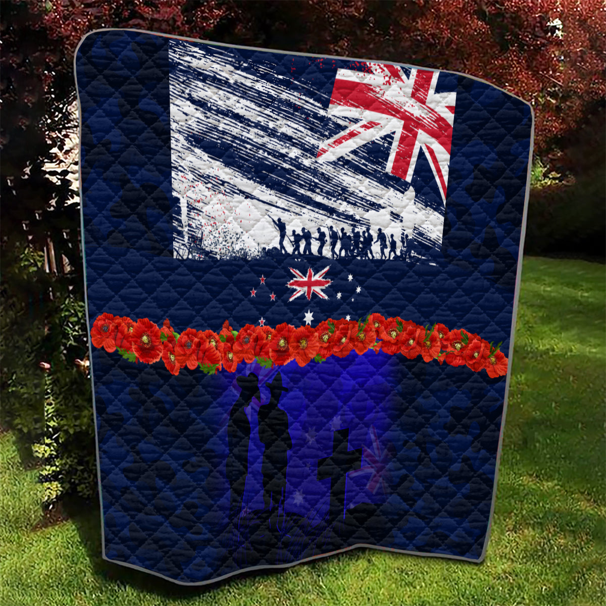 New Zealand and Australia ANZAC Day Quilt Lest We Forget Red Poppy Flowers and Soldier - Vibe Hoodie Shop