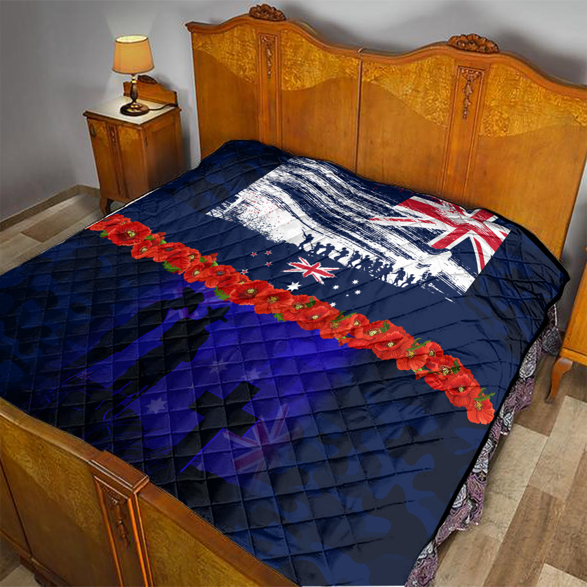 New Zealand and Australia ANZAC Day Quilt Lest We Forget Red Poppy Flowers and Soldier - Vibe Hoodie Shop