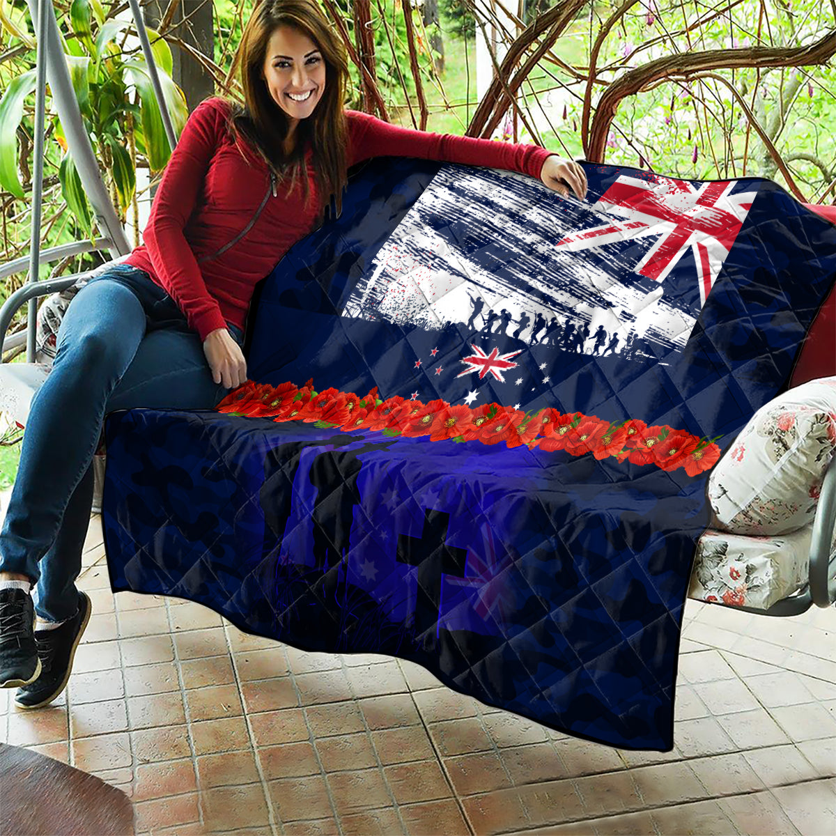 New Zealand and Australia ANZAC Day Quilt Lest We Forget Red Poppy Flowers and Soldier - Vibe Hoodie Shop