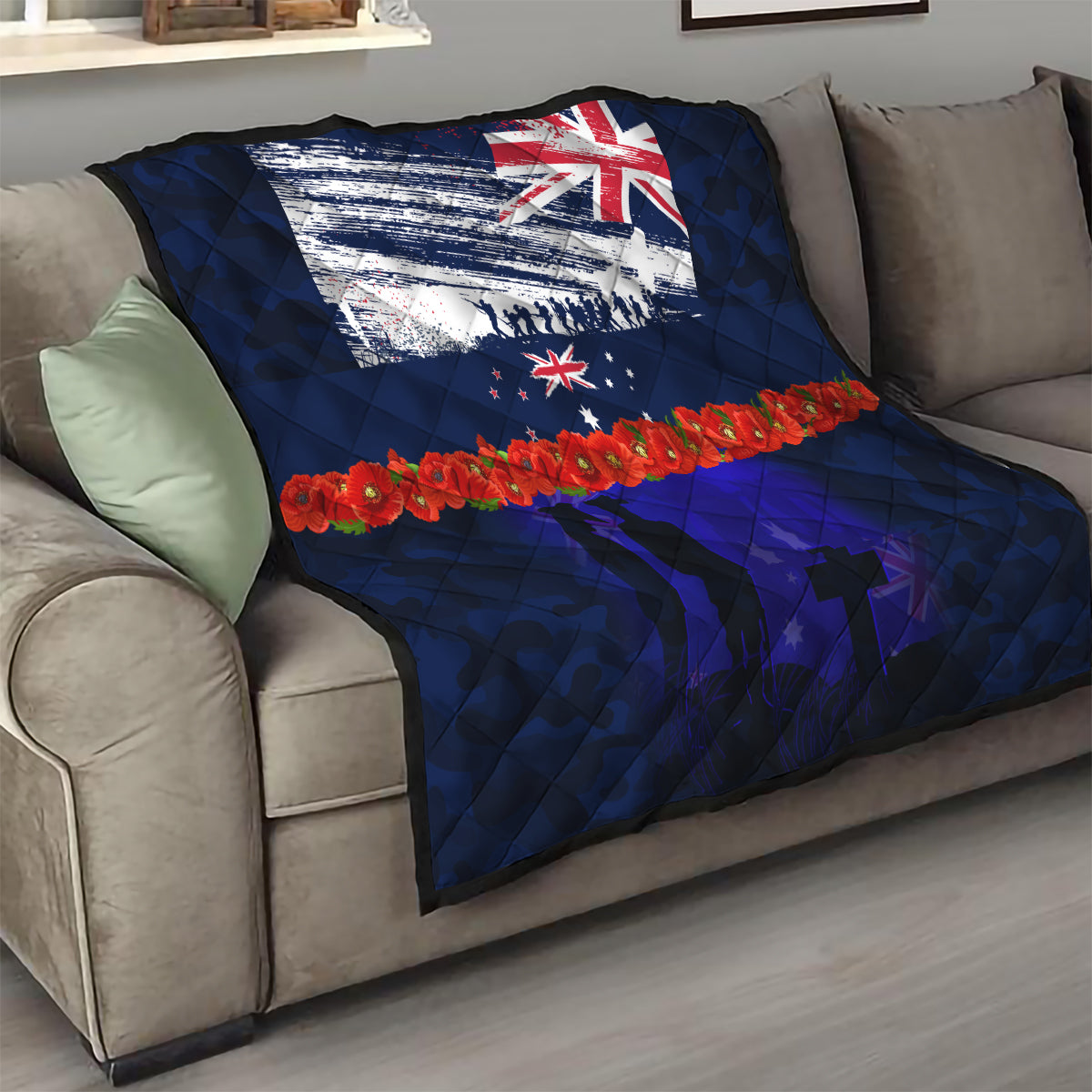 New Zealand and Australia ANZAC Day Quilt Lest We Forget Red Poppy Flowers and Soldier - Vibe Hoodie Shop