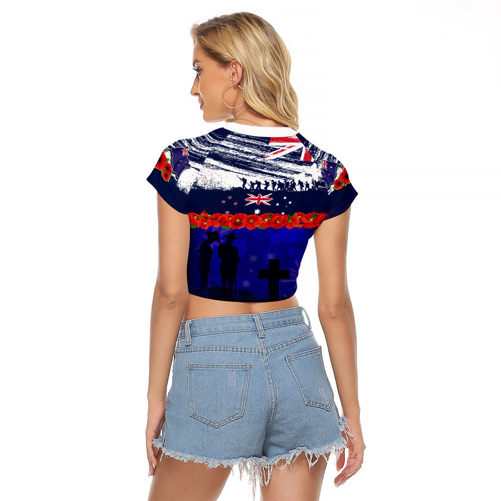 New Zealand and Australia ANZAC Day Raglan Cropped T Shirt Lest We Forget Red Poppy Flowers and Soldier - Vibe Hoodie Shop