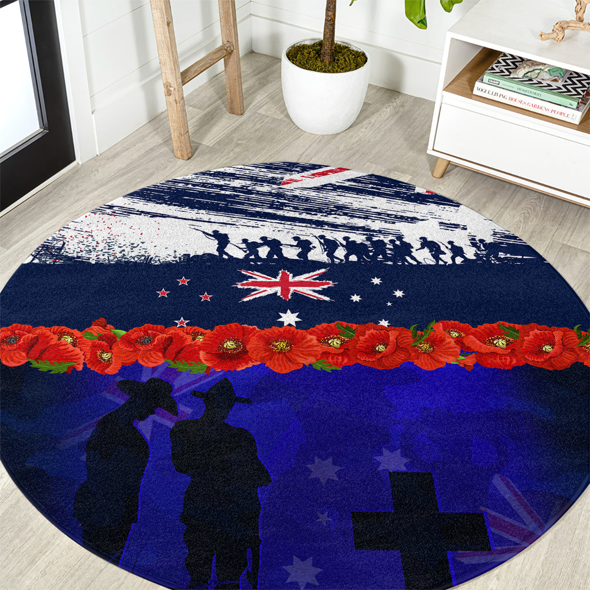 New Zealand and Australia ANZAC Day Round Carpet Lest We Forget Red Poppy Flowers and Soldier