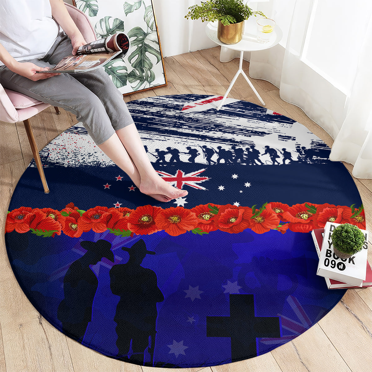 New Zealand and Australia ANZAC Day Round Carpet Lest We Forget Red Poppy Flowers and Soldier