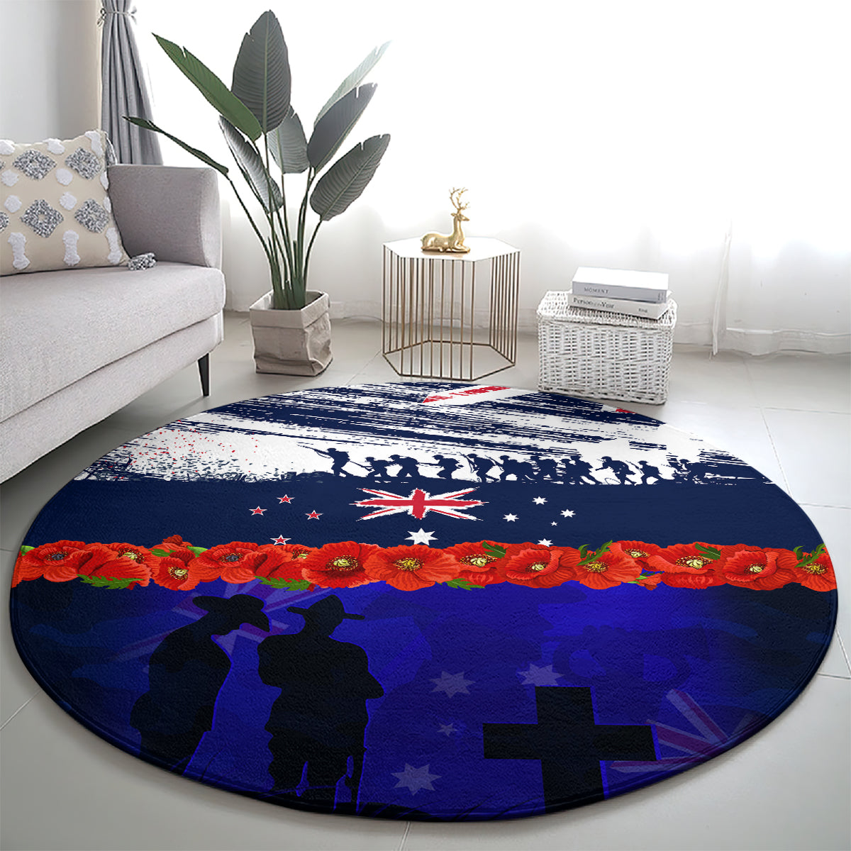 New Zealand and Australia ANZAC Day Round Carpet Lest We Forget Red Poppy Flowers and Soldier