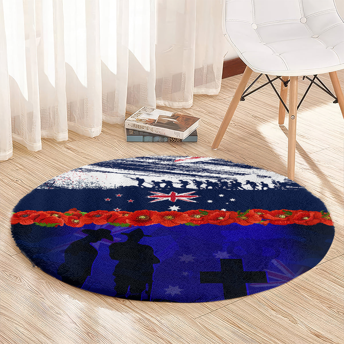 New Zealand and Australia ANZAC Day Round Carpet Lest We Forget Red Poppy Flowers and Soldier