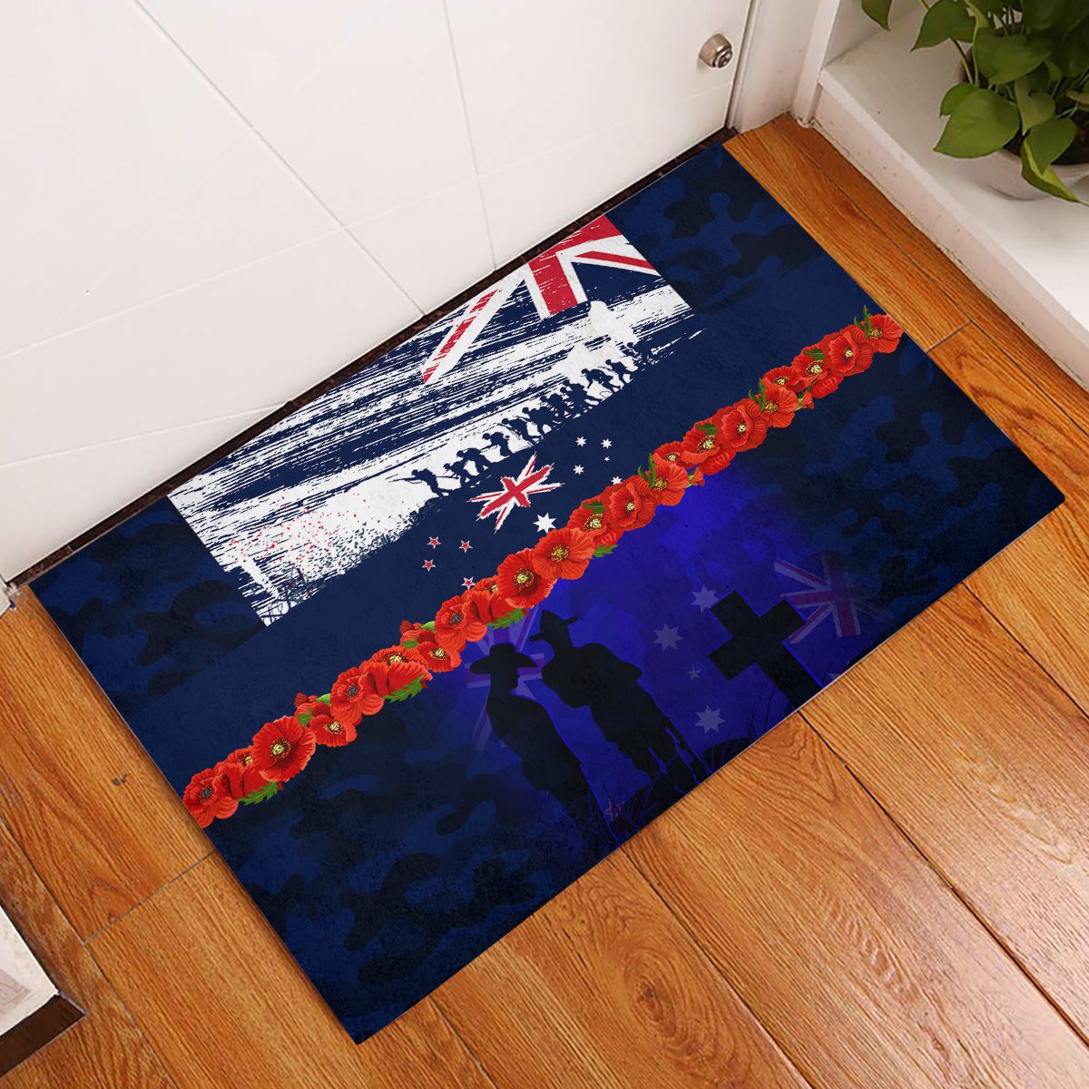 New Zealand and Australia ANZAC Day Rubber Doormat Lest We Forget Red Poppy Flowers and Soldier